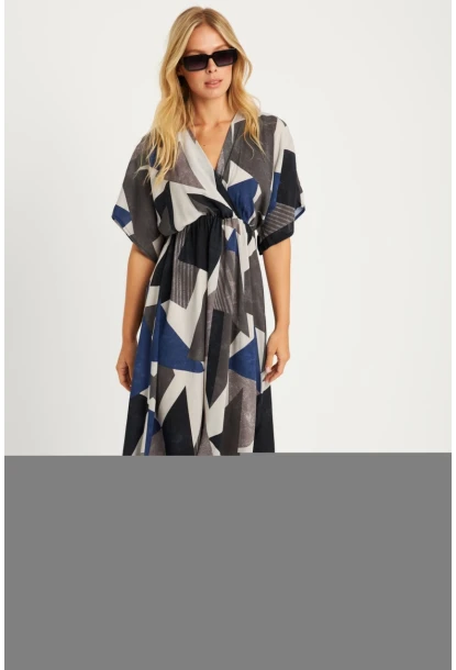 Kadın Antrasit Desenli Kruvaze Midi Elbise HT108