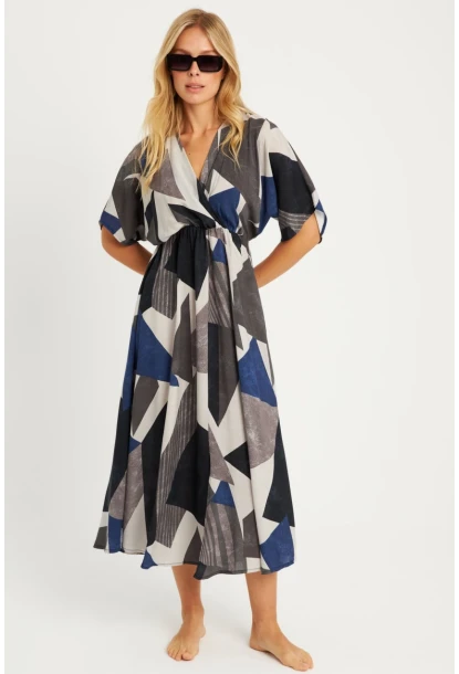 Kadın Antrasit Desenli Kruvaze Midi Elbise HT108