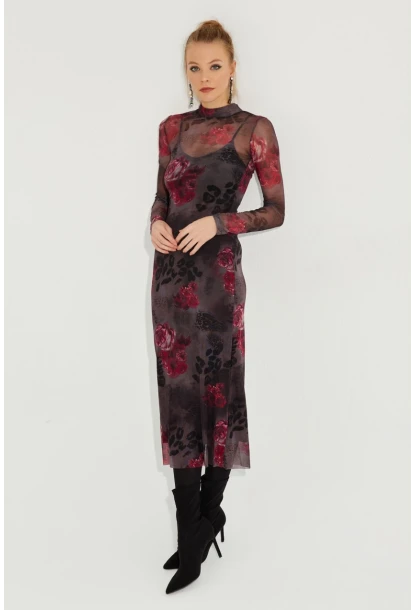 Kadın Antrasit Desenli Midi Tül Elbise YEL221355