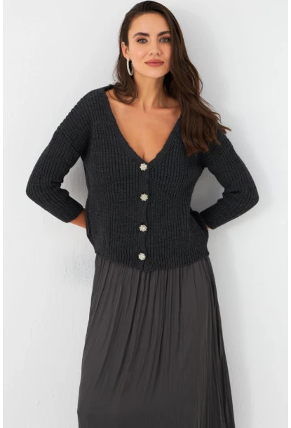 Kadın Antrasit Düğme Detaylı Hırka KAZ30