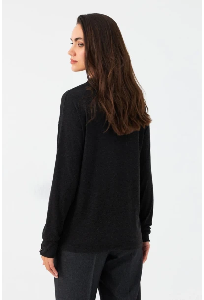 Kadın Antrasit Düğme Detaylı V Yaka Bluz MEY2982