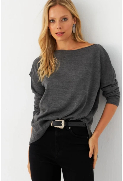 Kadın Antrasit Kayık Yaka Triko Bluz YİL561
