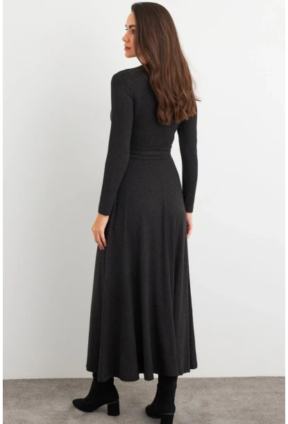 Kadın Antrasit Kruvaze Bağlamalı Midi Elbise EY3020