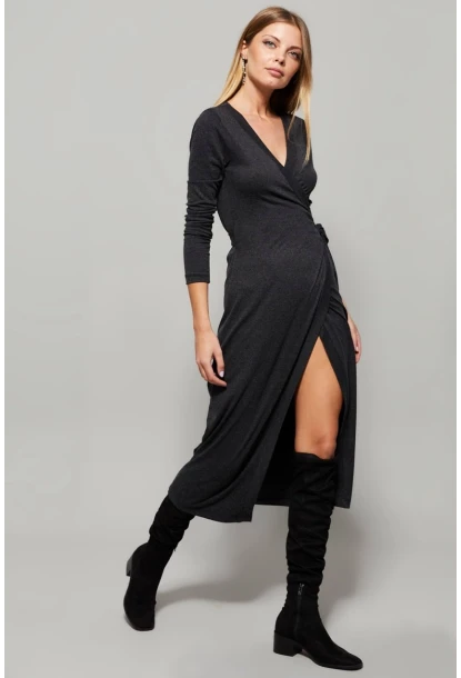 Kadın Antrasit Kruvaze Maxi Elbise EY1135