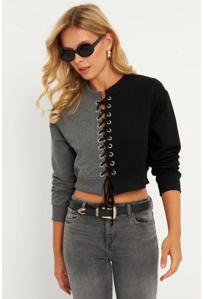 Kadın Antrasit-Siyah Kuşgözlü Kısa Sweatshirt TF02