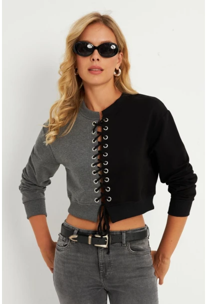 Kadın Antrasit-Siyah Kuşgözlü Kısa Sweatshirt TF02