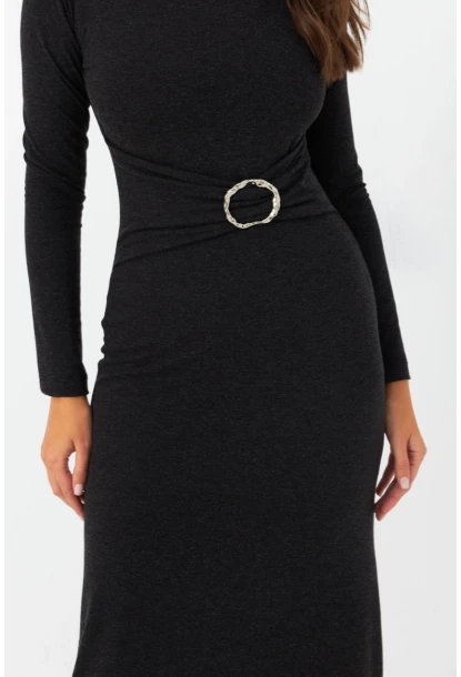 Kadın Antrasit Tokalı Midi Elbise EY2984