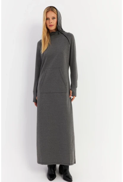 Kadın Antrasit Yakası Fermuarlı Maxi Sweat Elbise MTF12