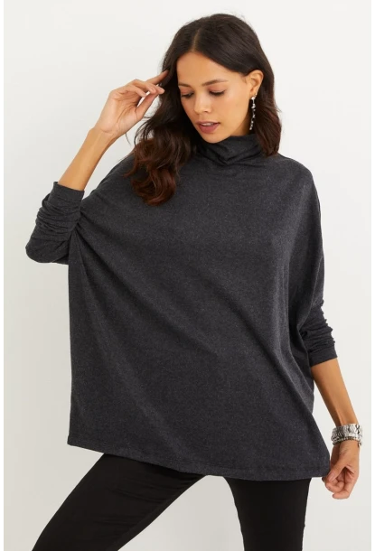 Kadın Antrasit Yarasa Kol Balıkçı Bluz EY1049