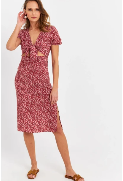 Kadın Badem Düğümlü Pencereli Midi Elbise Q1002