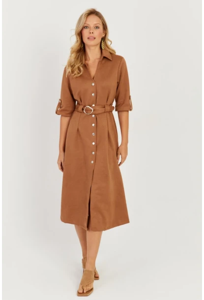 Kadın Badem Nubuk Midi Gömlek Elbise KED4023