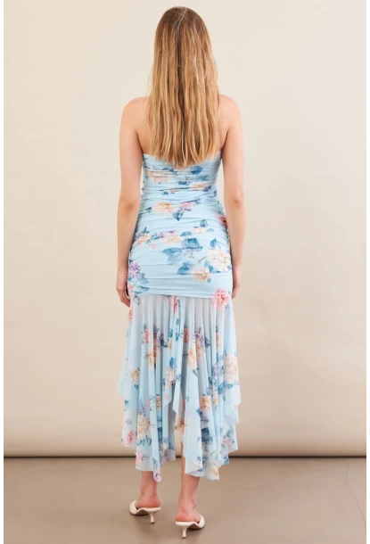 Kadın Bebe Mavi Drapeli Straplez Midi Tül Elbise ERL101