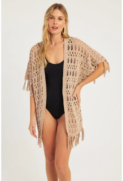 Kadın Bej Ajurlu Püsküllü Hırka YV224