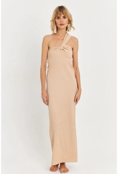 Kadın Bej Asimetrik Yaka Maxi Elbise NH25455