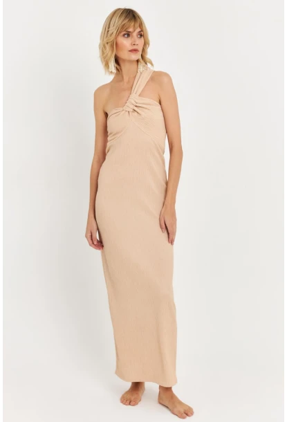Kadın Bej Asimetrik Yaka Maxi Elbise NH25455