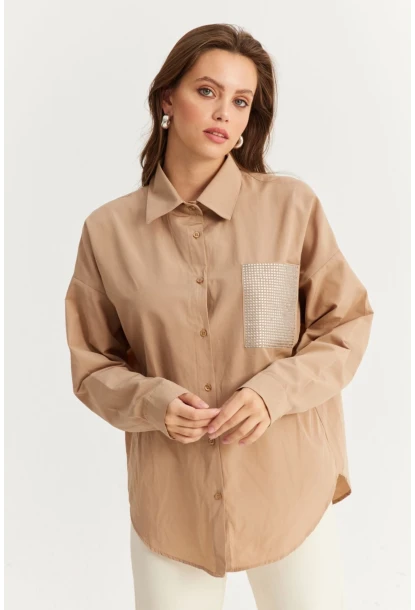 Kadın Bej Cepli Taşlı Gömlek ZER414
