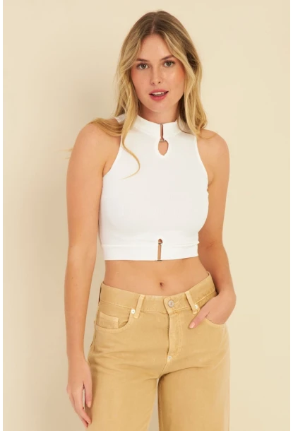 Kadın Beyaz Aksesuarlı Crop Bluz CG340