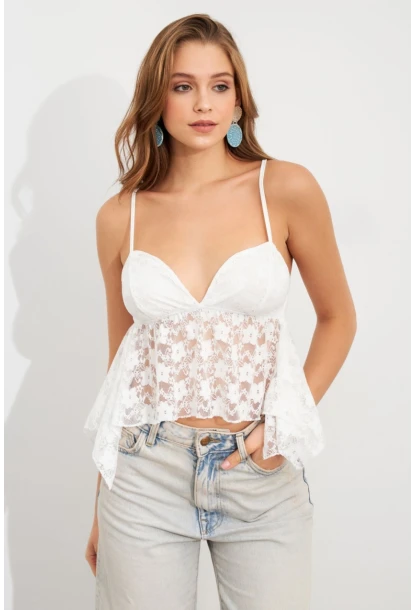 Kadın Beyaz Askılı Dantel Crop Bluz MTK13458