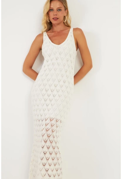 Kadın Beyaz Astarlı Triko Maxi Elbise KZ3211