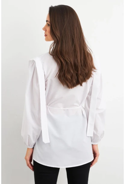 Kadın Beyaz Bağlama Detaylı Basic Gömlek MASF185