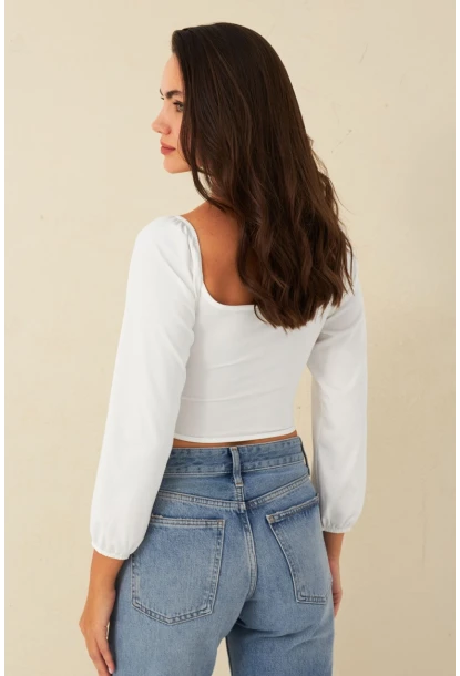 Kadın Beyaz Bağlama Detaylı Crop Bluz CG387