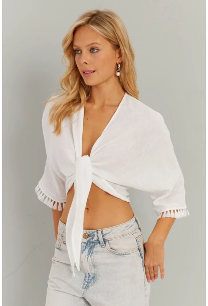 Kadın Beyaz Bağlamalı Bluz KS034