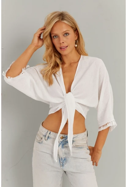 Kadın Beyaz Bağlamalı Bluz KS034