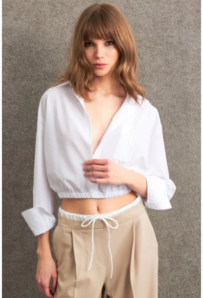 Kadın Beyaz Beli Lastikli Gömlek ELT3835