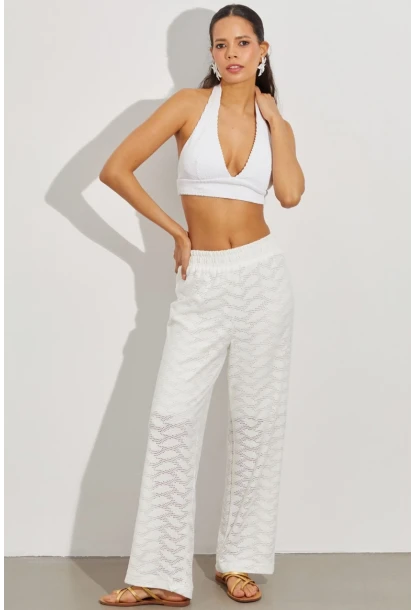 Kadın Beyaz Beli Lastikli Yarım Astarlı Brode Pantolon TW80018