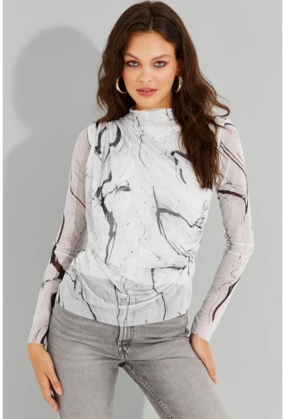 Kadın Beyaz Büzgülü Astarlı Tül Bluz LPP1231