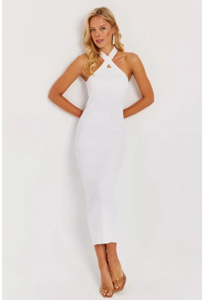 Kadın Beyaz Çapraz Yaka Triko Elbise YZ630
