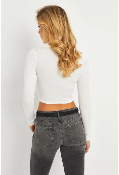 Kadın Beyaz Çıtçıtlı Crop Bluz CG379