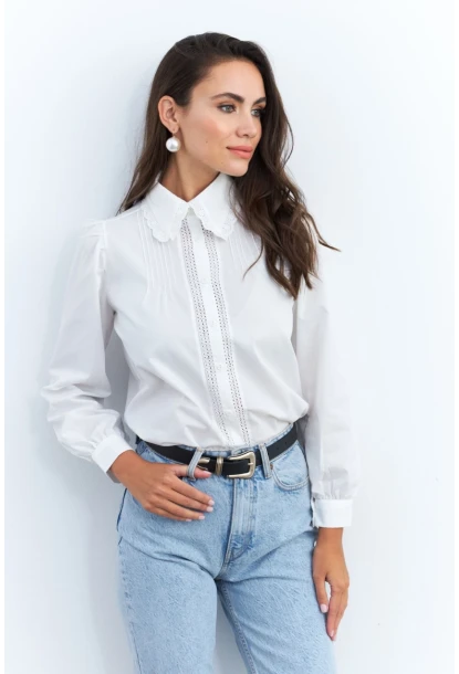 Kadın Beyaz Dantelli Balon Kol Gömlek MQS2492