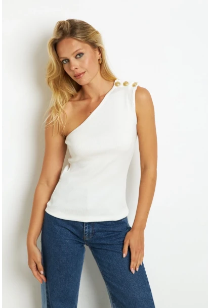 Kadın Beyaz Düğme Detaylı Kaşkorse Bluz EY2711