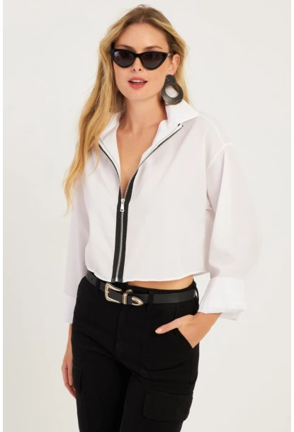 Kadın Beyaz Fermuarlı Kısa Gömlek SF2541
