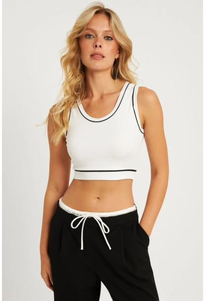 Kadın Beyaz Fitilli Crop Bluz CG359