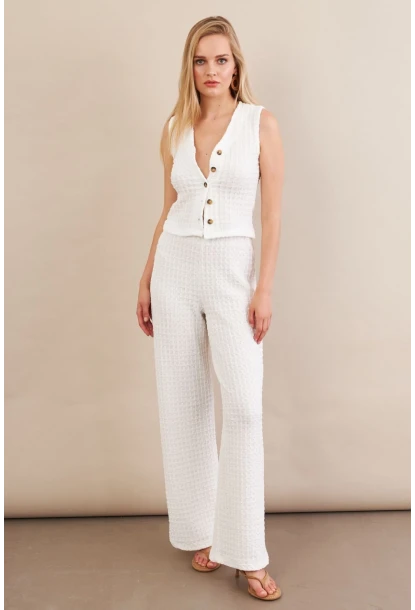 Kadın Beyaz Gofre Yelek Pantalon Takım FLU330