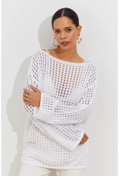 Kadın Beyaz İspanyol Kol Ajurlu Triko Uzun Bluz SMT198