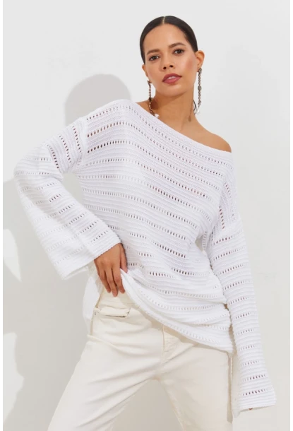 Kadın Beyaz İspanyol Kol Ajurlu Triko Uzun Bluz SMT199