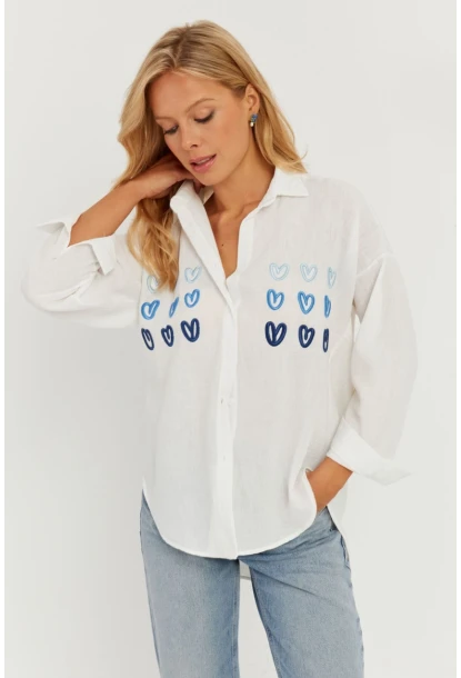 Kadın Beyaz Kalp Nakışlı Gömlek PP5391