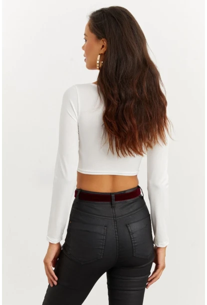 Kadın Beyaz Kalp Yaka Crop Bluz CG260