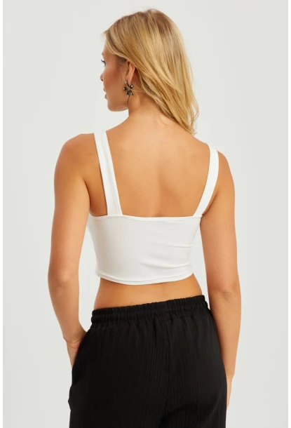 Kadın Beyaz Kare Yaka Crop Bluz CG348