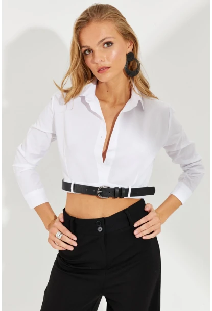 Kadın Beyaz Kemerli Kısa Gömlek MEN2017