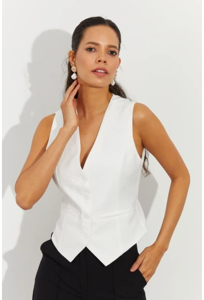 Kadın Beyaz Keten Astarlı Yelek TW60046