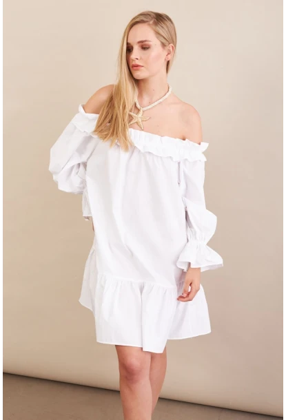 Kadın Beyaz Madonna Yaka Midi Elbise PSG1012