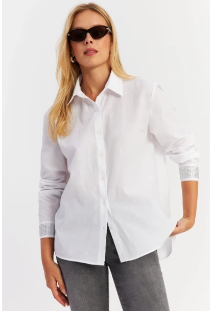 Kadın Beyaz Manşeti Taşlı Gömlek MZER415