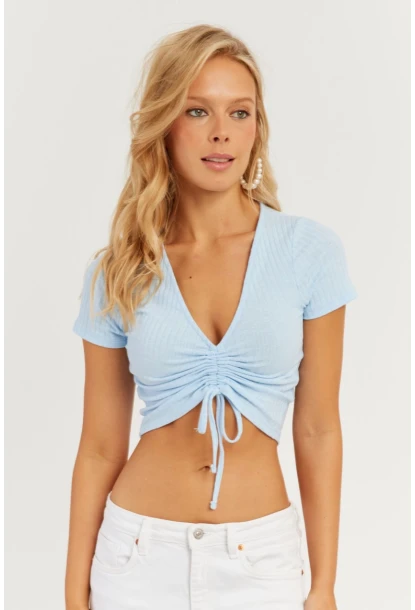 Kadın Beyaz-Mavi İkili Büzgülü Bluz AYD305