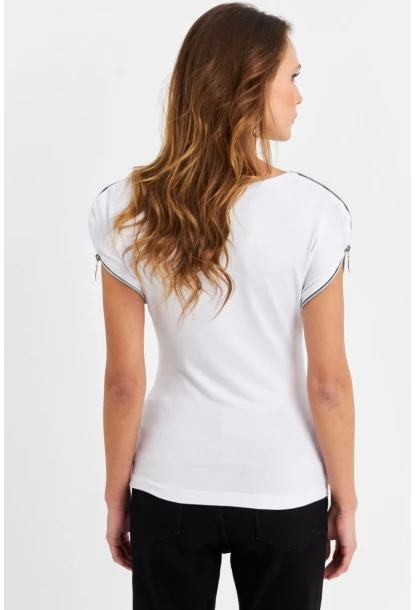 Kadın Beyaz Omuzları Fermuarlı Bluz EY3062