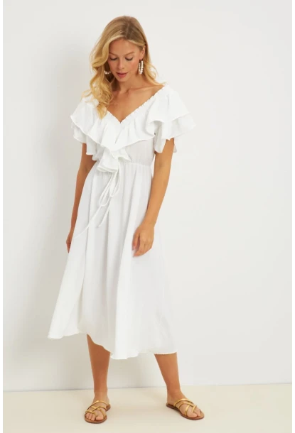 Kadın Beyaz Ön Arka V Volanlı Elbise KS113