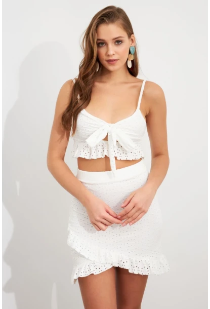 Kadın Beyaz Önü Bağlamalı Mini Etekli Takım LİT1088